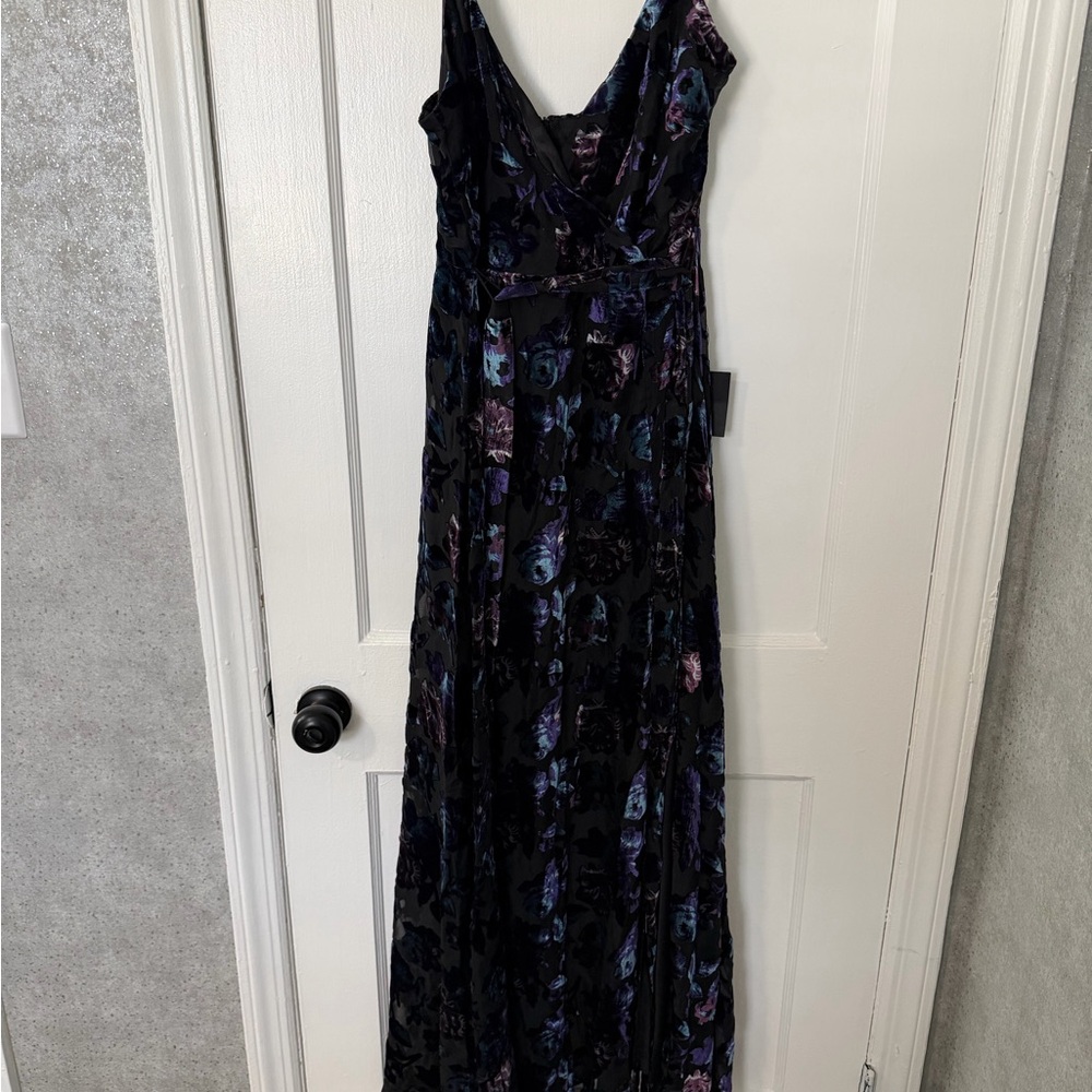 Lulu's Black Velvet Maxi Dress with Purple & Blue Floral Burnout